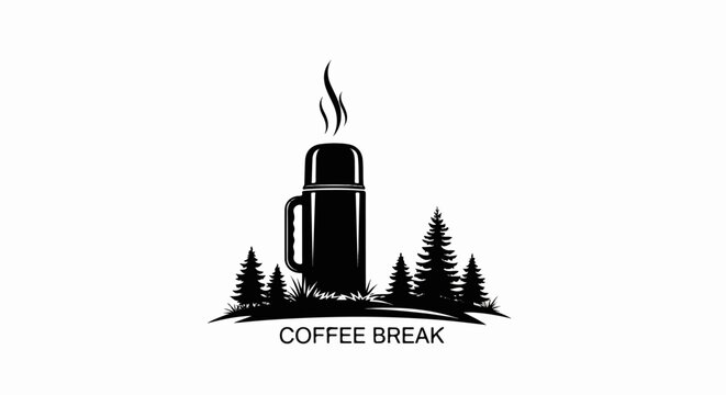 A steaming thermos stands in a forest clearing, ready for a break