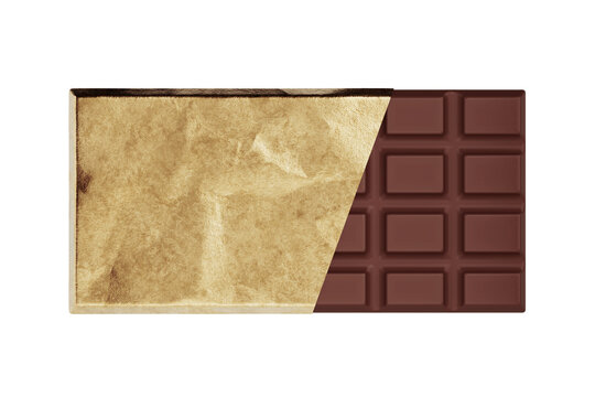 Luxury And Indulgence Concept. Chocolate Bar Partially Wrapped In Gold Foil With Smooth Squares On White Background In Minimal Composition. 3d Rendering