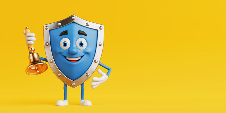 Notification And Alert Concept. Smiling Blue Shield Mascot Holding Golden Hand Bell On Yellow Background. 3d Rendering