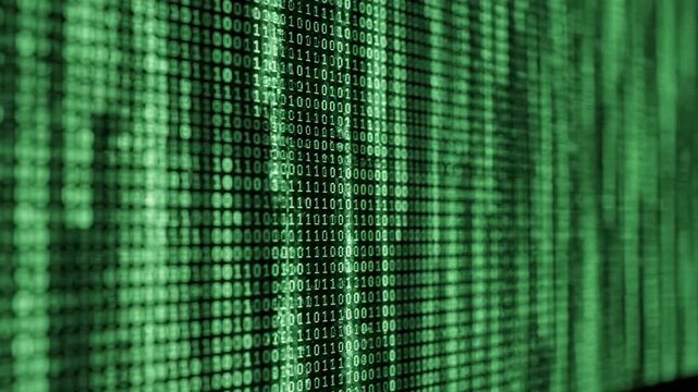 Green digital screen with binary code and data stream.