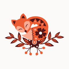 Fototapeta premium Folk Art Fox Illustration with Floral Accents. White background, isolate