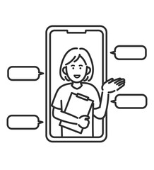 オンライン診療をする女性医師のイラスト　線画のみ