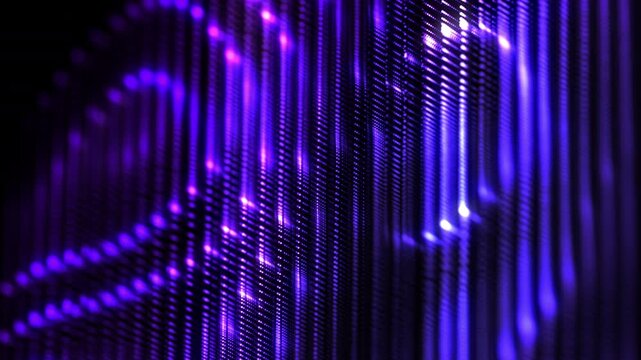 Flowing digital data waves made of glowing ultraviolet particles on dark background. Abstract technology background, artificial intelligence and digital sound waves concept. Slow wave motion 4K looped