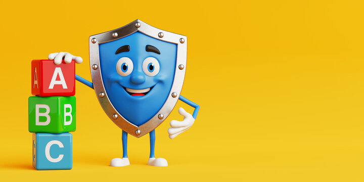 Education And Learning Concept With Shield Mascot. Smiling Blue Shield Character Holding Colorful Alphabet Blocks. 3d Rendering
