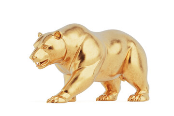 Fototapeta premium Market Decline And Bearish Trend Concept. Golden Bear Statue Symbolizing Financial Crisis On White Background. 3d Rendering