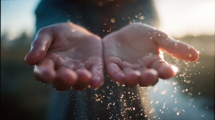 Fototapeta premium Close-Up of Wet Hands with Vintage Film Grain