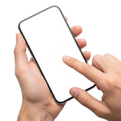 Person holding a smartphone with a blank screen, ready for interaction isolated on transparent background