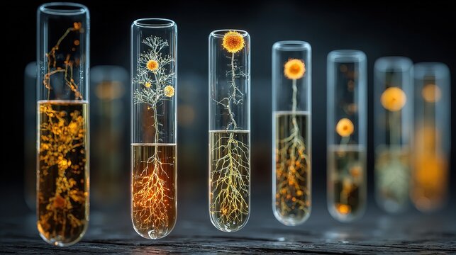 Science Laboratory Glassware Test Tubes with Plant Root Seedlings Abstract Art