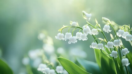 Obraz premium Lily of the Valley with White Bell-Shaped Flowers Growing in a Lush Greenery Field