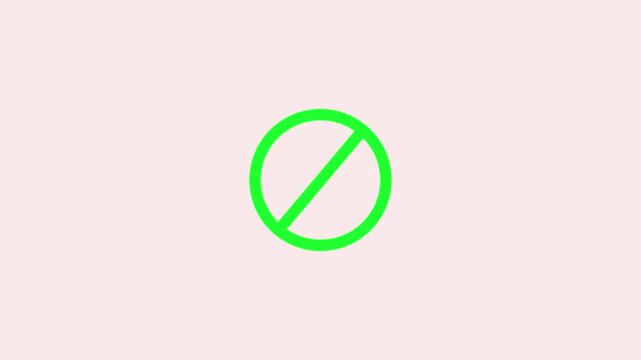 Animation of appearing and disappearing circular prohibition sign crossed out in red on blue background, green background, transparency and white background in flat design style