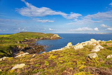 Rocky coastline with a seascape view to the horizon at Bretagne in France