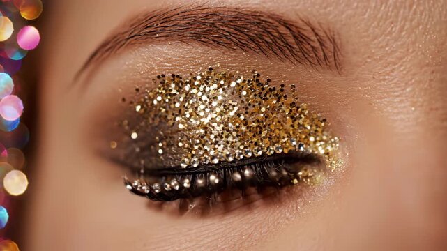 Human eye adorned with heavy gold glitter eyeshadow and dramatic false lashes