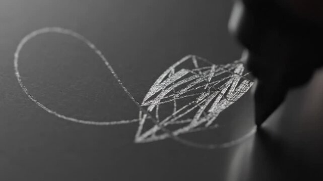 Close-up of a pen drawing a leaf shape on a dark surface