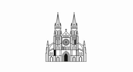 Fototapeta premium A symmetrical line drawing of a large, grand church with twin spires
