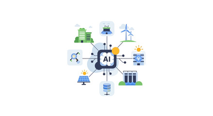 AI Powered Sustainable Energy Infrastructure Diagram: Smart Grid, Renewable Power, and Urban Technology Integration Concept.