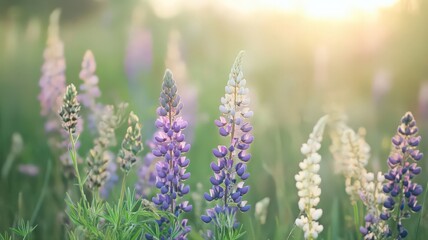 Fototapeta premium Lupine Flowers in Tall Colorful Spikes with Soft Light on a Neutral Background at Sunset
