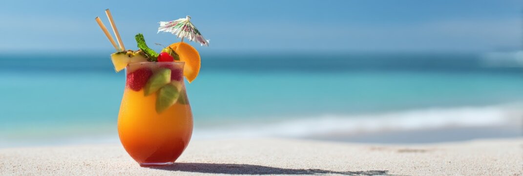 Tropical fruit cocktail on sandy beach with ocean background