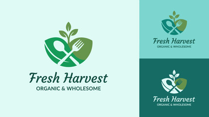 This logo combines leafy greens and utensils, reflecting a commitment to organic and wholesome foods. Perfect for natural food brands and sustainable practices.