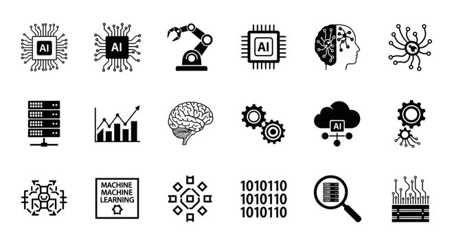 A collection of AI and machine learning icons presented in a minimalist design format