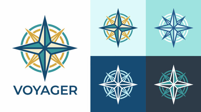 The Voyager logo features a dynamic compass design, symbolizing exploration and guidance, using a color palette of blue and gold for a modern, sophisticated look.
