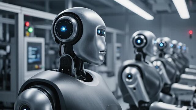 Row of advanced android robots with glowing blue eyes in a modern factory setting