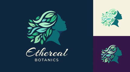 Obraz premium This logo features a woman's silhouette adorned with leaves, representing the harmonious connection between nature and beauty, perfect for a wellness brand.