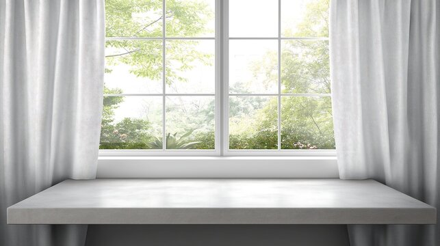 Concrete kitchen countertop on window background with curtains for product presentation. Empty tabletop mockup for food advertisement design. Clean podium in home interior