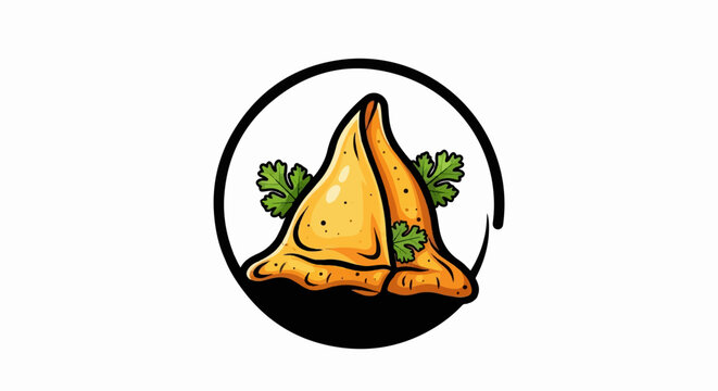 A triangular, golden fried pastry with green herbs sits inside a black circle