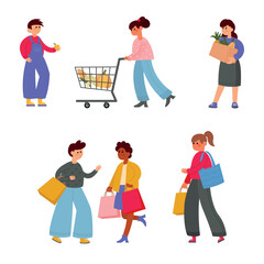 Sellers and buyers with bags and products on a white isolated background.
