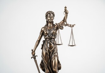 A bronze statue of lady justice isolated on white background holding scales and sword