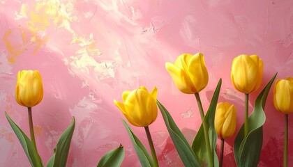 黄色のチューリップとシンプルなピンク色の背景　AI生成素材