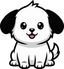 A cute, cartoonish black and white puppy sits smiling with big, soulful eyes