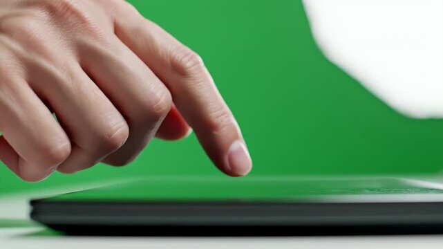 Close up of a human hand with fair skin touching a digital tablet screen with fingers on a bright green background studio shot