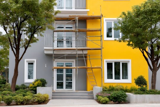Building facade renovation showing scaffolding and repainting process