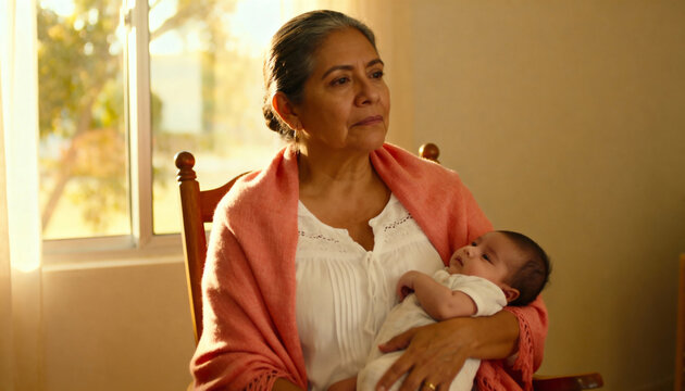 A loving Hispanic grandmother holding a newborn baby in a rocking chair. Tender family moment showing the bond between generations at home in warm light