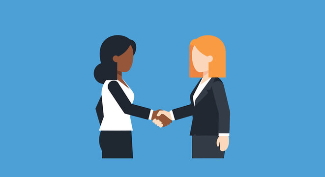 Women shaking hands business partnership agreement.