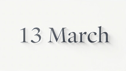 Fototapeta premium Bold typography “13 March”, modern minimalist design, clean white background, elegant sans-serif font, soft shadow, centered composition, high resolution