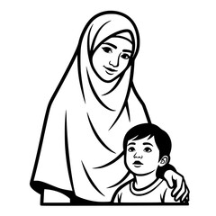 Muslim Mother and Child Black and White Illustration