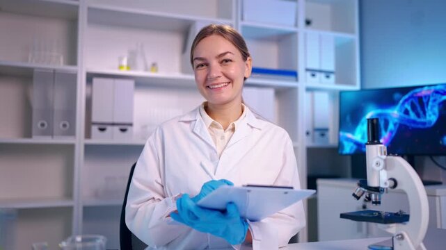 Portrait of Caucasian female scientist in white lab coat in laboratory.