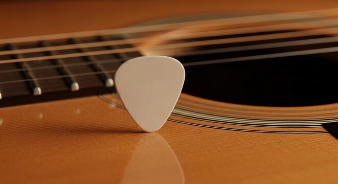 White guitar pick mockup on acoustic guitar strings closeup