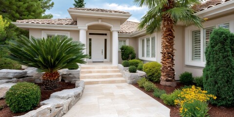 Fototapeta premium Luxury southwestern home entrance with landscaping