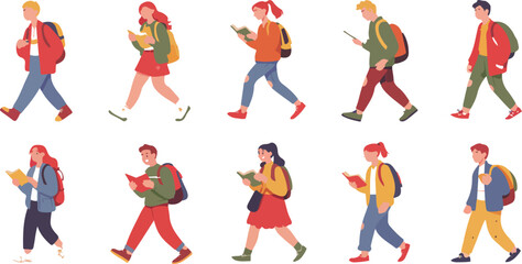 University Students Flat Vector Set  Diverse Young Adults with Books and Backpacks © MSTZOWRON