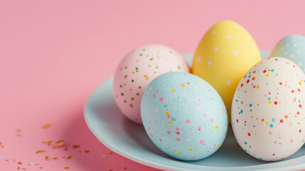 Fototapeta premium Pastel Easter eggs on a plate, pink background
