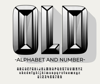 Halftone pop art style alphabet design. Chisel retro font with modern dispersed texture, uppercase number and symbols