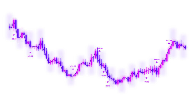 PNG image of Dynamic glowing financial data chart displaying fluctuating stock market trends with vibrant purple and blue neon visual effects on transparent background. on transparent background