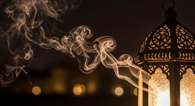 Islamic lantern with smoke rising against a dark background with blurred lights