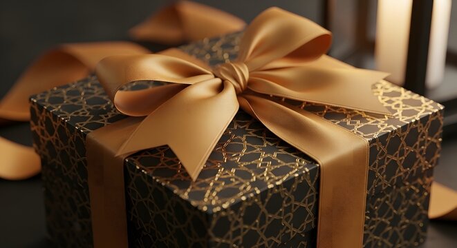 Luxury black gift box with gold geometric pattern and elegant satin ribbon bow on table