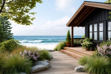Beach house veranda with ocean view and wooden deck