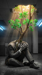 Man in suit with tree growing from head, symbolizing mental growth and breakthrough