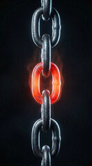 Close-up of a heavy metal chain with one link glowing red hot and emitting smoke